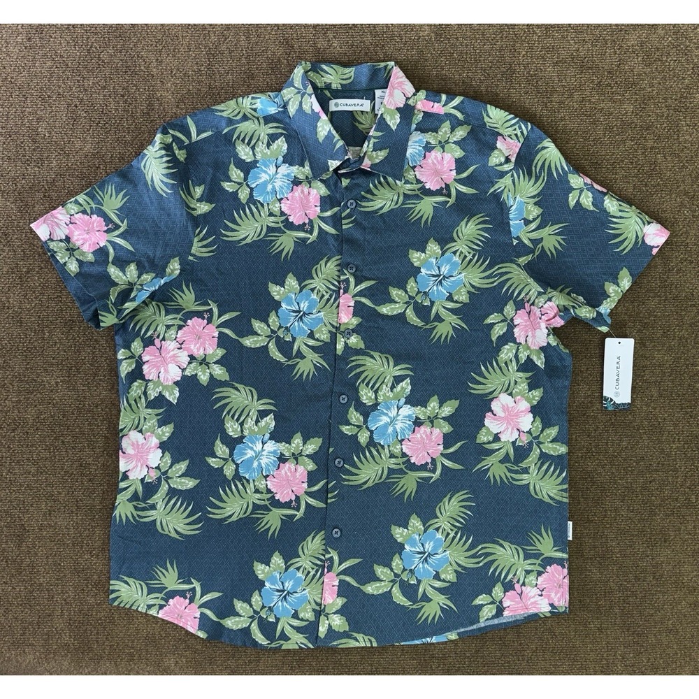 Cubavera Men's XL Hawaiian Aloha Floral Linen Blend Shirt NWT Blue Tropical